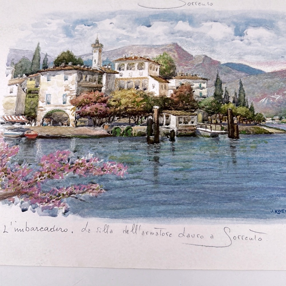 Lake Como J. Koehler Original Watercolor Painting Sorrento Italy Coastal